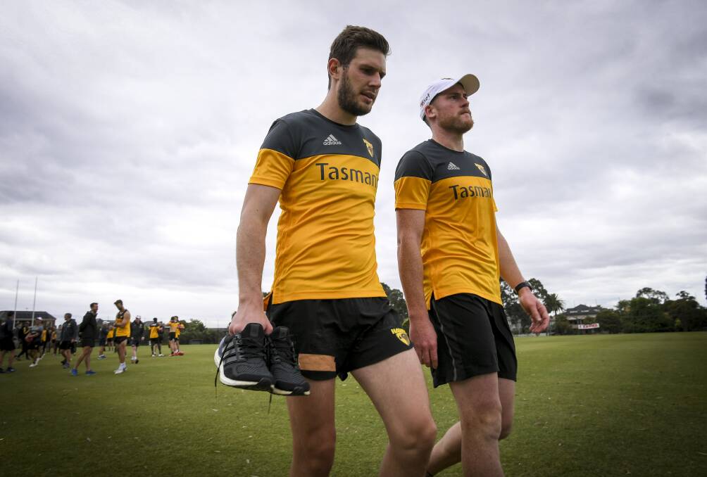 WARRIORS: Grant Birchall and Jarryd Roughead at training. Picture: Eddie Jim