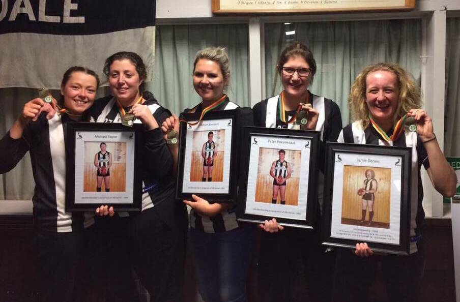 Dearne Taylor and Cara Howlett with former Pies teammates Hayley Kerrison, Miranda Oliver and Alex Hall. Picture: Supplied
