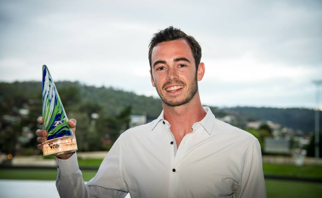 Jake Birtwhistle with the 2018 Tasmanian Athlete of the Year award. Picture: Alastair Bett