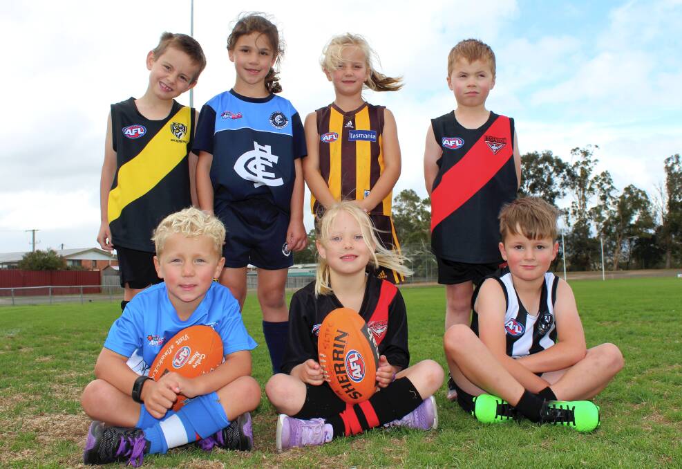 FOOTY FUTURE: Auskickers Thomas Poke, Ruby Leedham, Zoe Gamble and Jack Green (back), Nate Reeve, Evie Driessen and Jarvis Derbyshire (front). Pictures: Hamish Geale 