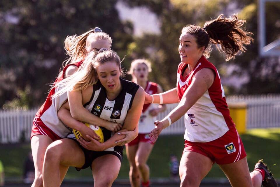STAR: Clarence's Nicole Bresnehan (right) impressed as her side progressed to the TSLW grand final. Picture: Solstice Digital