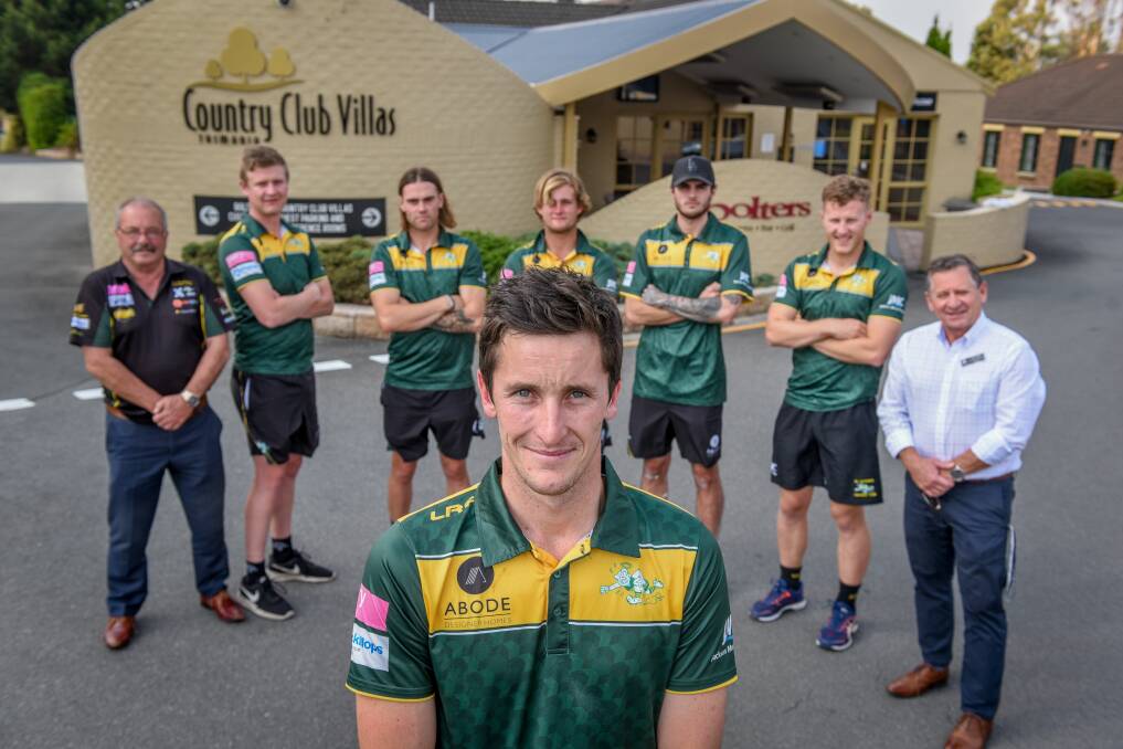 HEAD SAINT: St Pats coach Jake Laskey with president Ian McCallum, assistant coach Jacob Lowe, Luke Tepper, Luke Walsh, Jye Balym, captain Tom Hilder and Country Club's Tim Coyle. Picture: Paul Scambler