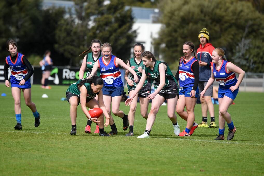 UNFAMILIAR FOES: Cressy and Scottsdale players scramble for possession in last week's NHSSA girls' footy gala. Pictures: Paul Scambler 