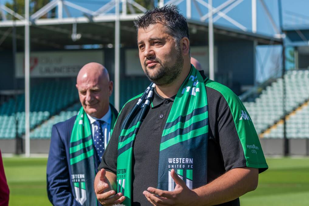 ROUND BALL ROLLING: Western United chief executive Chris Pehlivanis at UTAS Stadium earlier this week. Picture: Phillip Biggs 