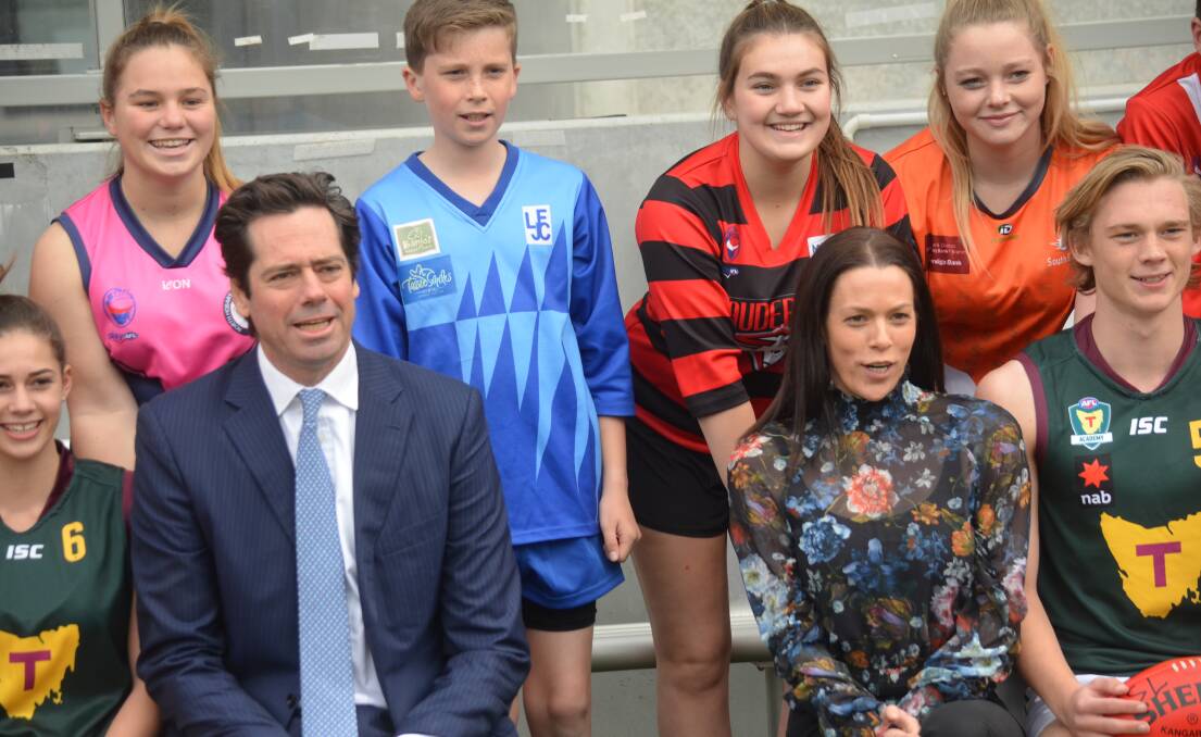 HAPPY: AFL chief executive Gillon McLachlan and his Tasmanian equivalent Trisha Squires following Wednesday's announcements. Picture: Rob Inglis