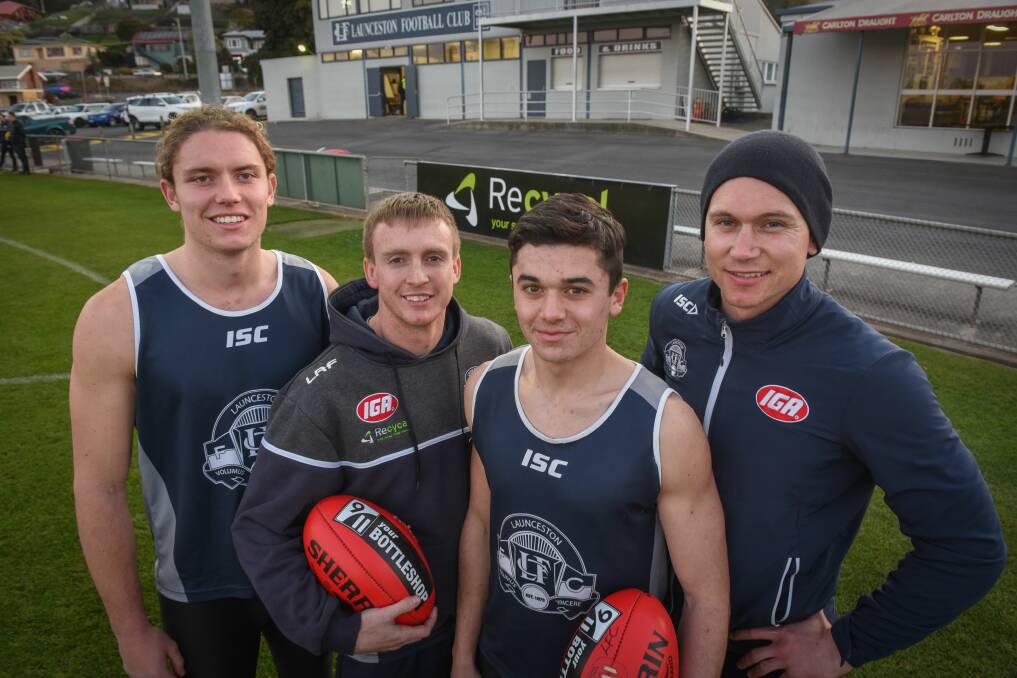 FACES OF ATTACK: Key Launceston forwards Tim Auckland, Dylan Riley, Miller Hodge and Mitch Thorp at training on Thursday. Picture: Paul Scambler