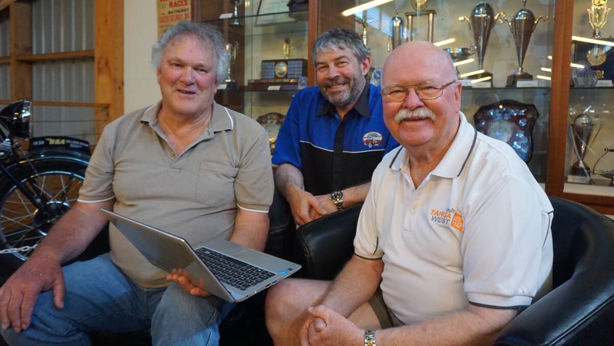CAUSE FOR CELEBRATION: Motorcycle commentator and journalist Ken Young, National Automobile Museum of Tasmania manager Phil Costello and state racing royalty Barry Oliver. Picture: Supplied