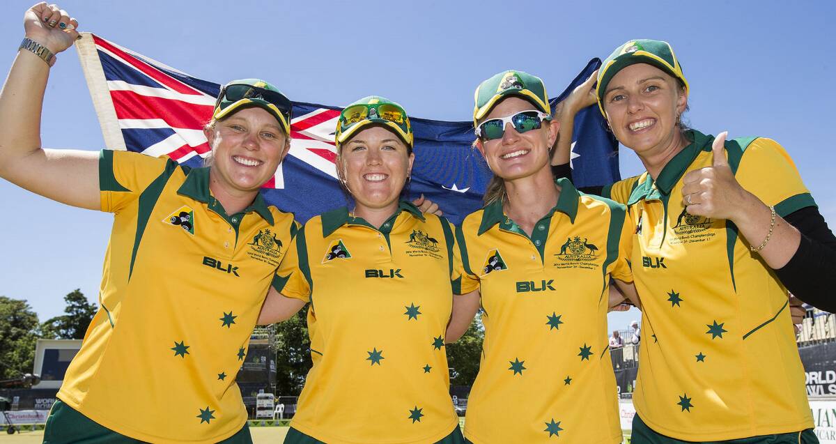 WINNERS ARE GRINNERS: Australian world title winning women’s fours team Natasha Scott, Rebecca Van Asch, Carla Krizanic and Kelsey Cottrell. Picture: Bowls Australia