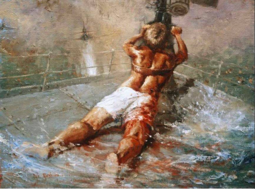 LAST STAND: Dale Marsh's painting depicts Ordinary Seaman Teddy Sheean's final moments, strapped to a gun on HMAS Armidale during a Japanese attack on December 1, 1942. 