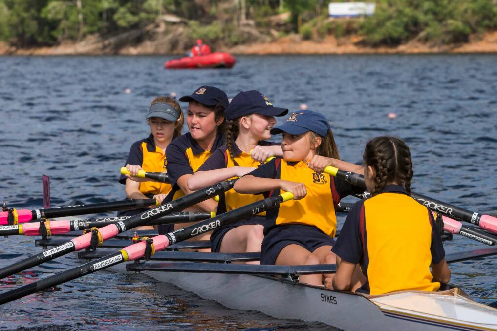 TEAMWORK: Scotch Oakburn rowers Lily Cleland, Madison MacKenzie, Hannah woolston, Poppy woods, Imogen Duigan in the under 13 girls quad scull event. 