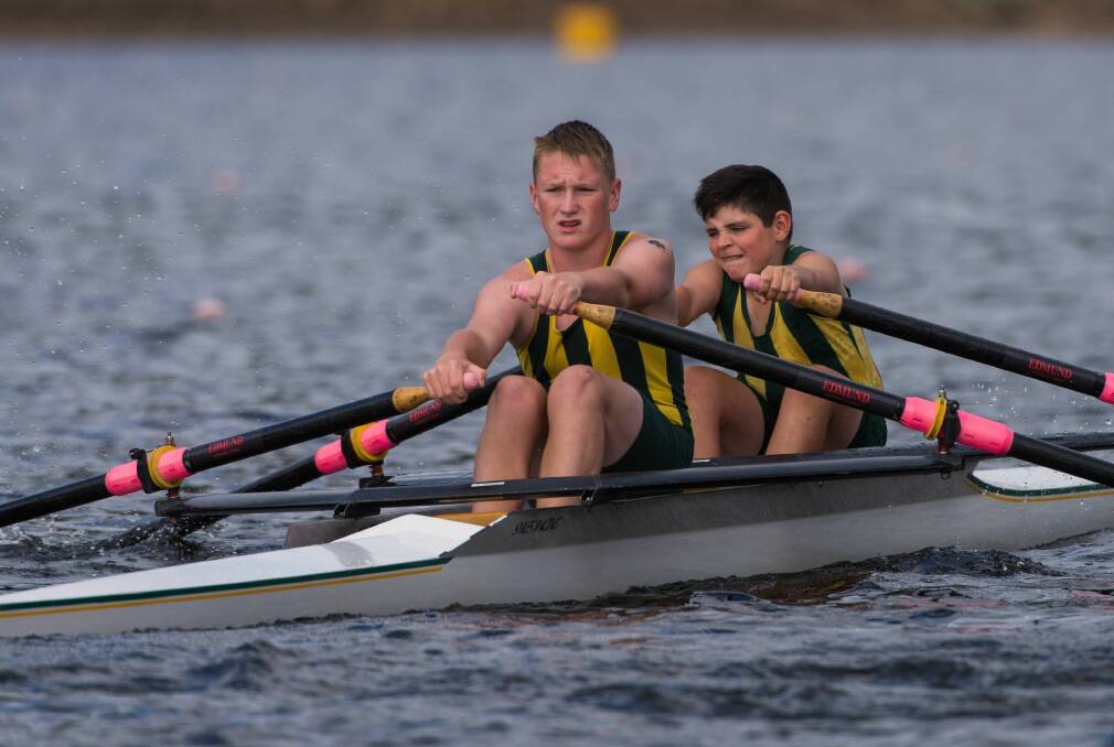 ON THE JOB: St Patrick's College rowers Darcy Waud and Ryan Anderson team up in  under 14 boys double scull race.