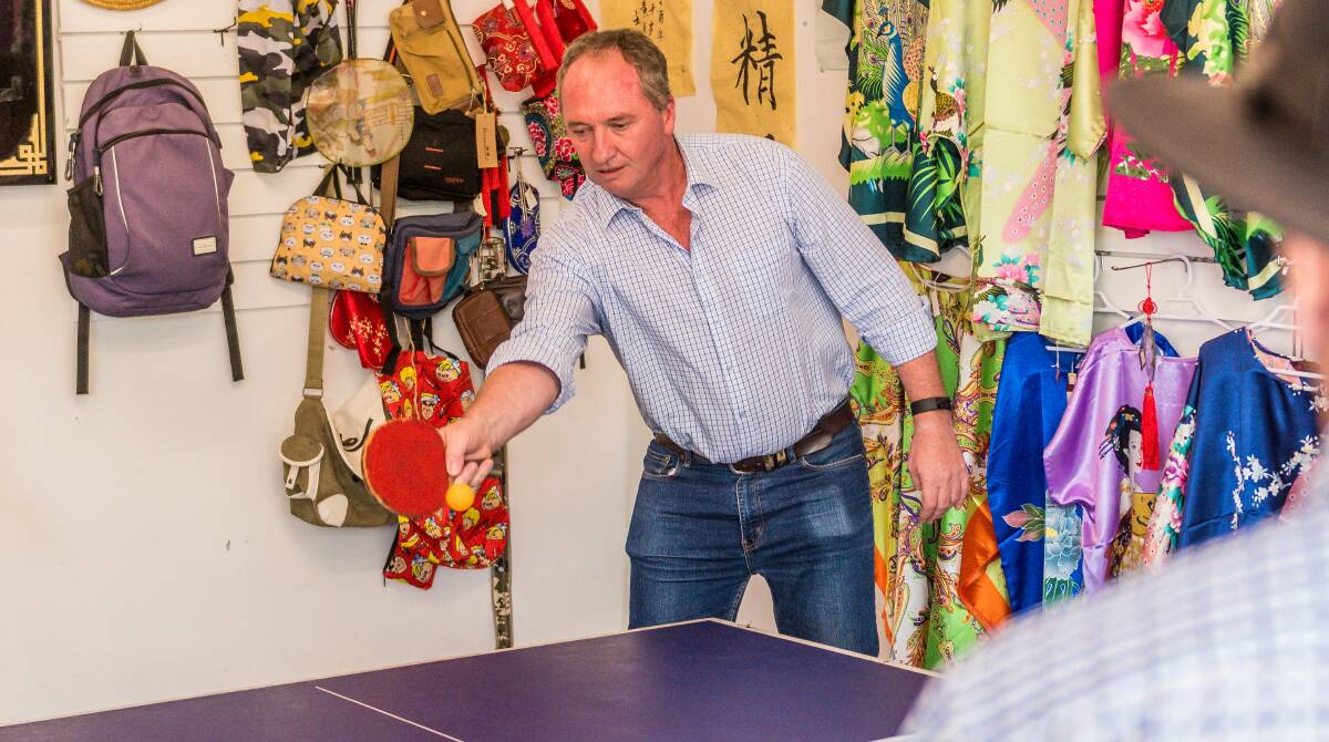 Barnaby Joyce playing table tennis in St Marys in 2019.