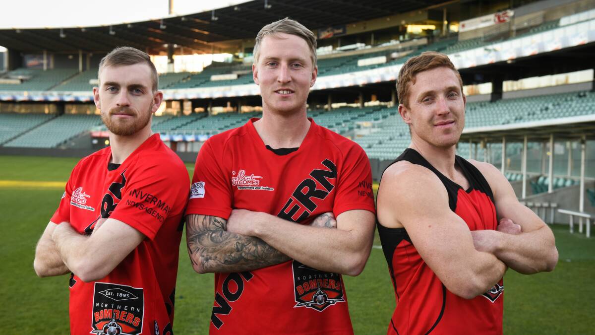 CENTRE ALLIANCE: Northern Bombers midfielders Josh Ponting, Jordan Cousens and Brad Cox-Goodyer. Picture: Paul Scambler  