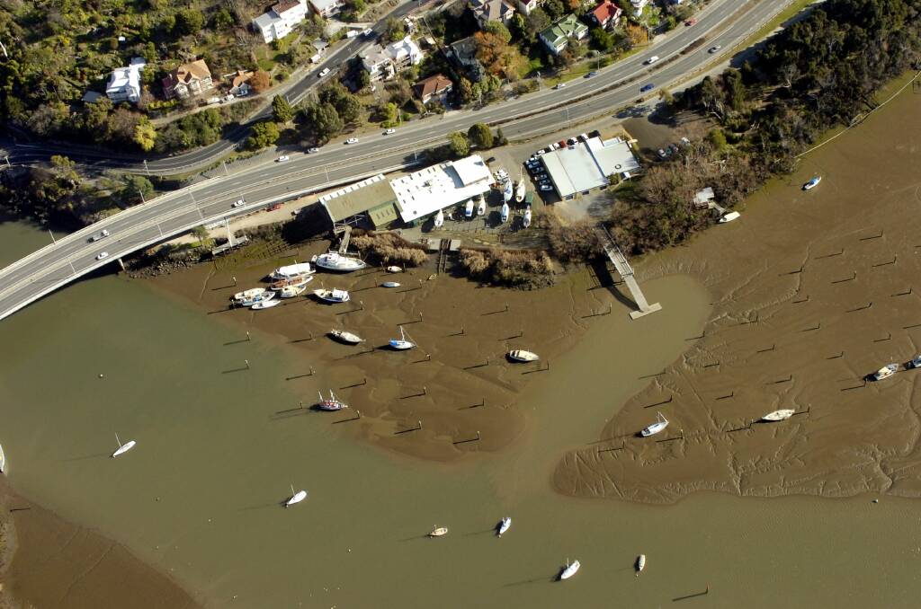 BIRDS-EYE VIEW: An image in 2020 above the Tamar Rowing Club shows the Tamar River almost unusable for recreational use.