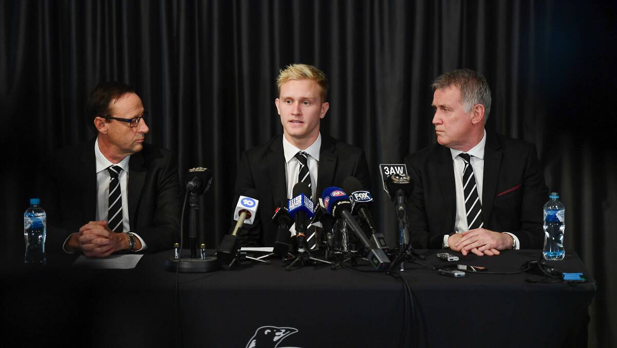 Collingwood's CEO Mark Anderson, GM Football Geoff Walsh and Jaidyn Stephenson media conference. Picture: The Age
