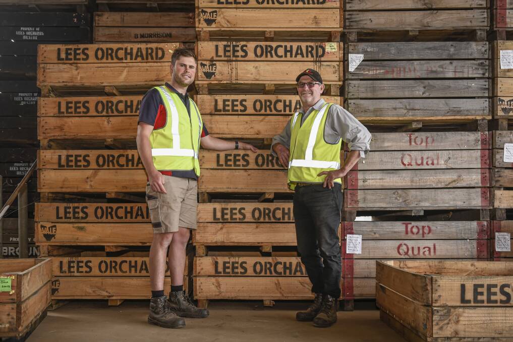 GOOD SEASON: Lees Orchard owners Brendon and Daniel Morrison with some of this year's harvest. Sales open this week after a good growing season. Picture: Craig George