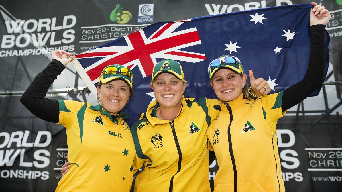 CHAMPIONS: Jackaroos Rebecca Van Asch, Natasha Scott and Carla Krizanic. Picture: Bowls Australia