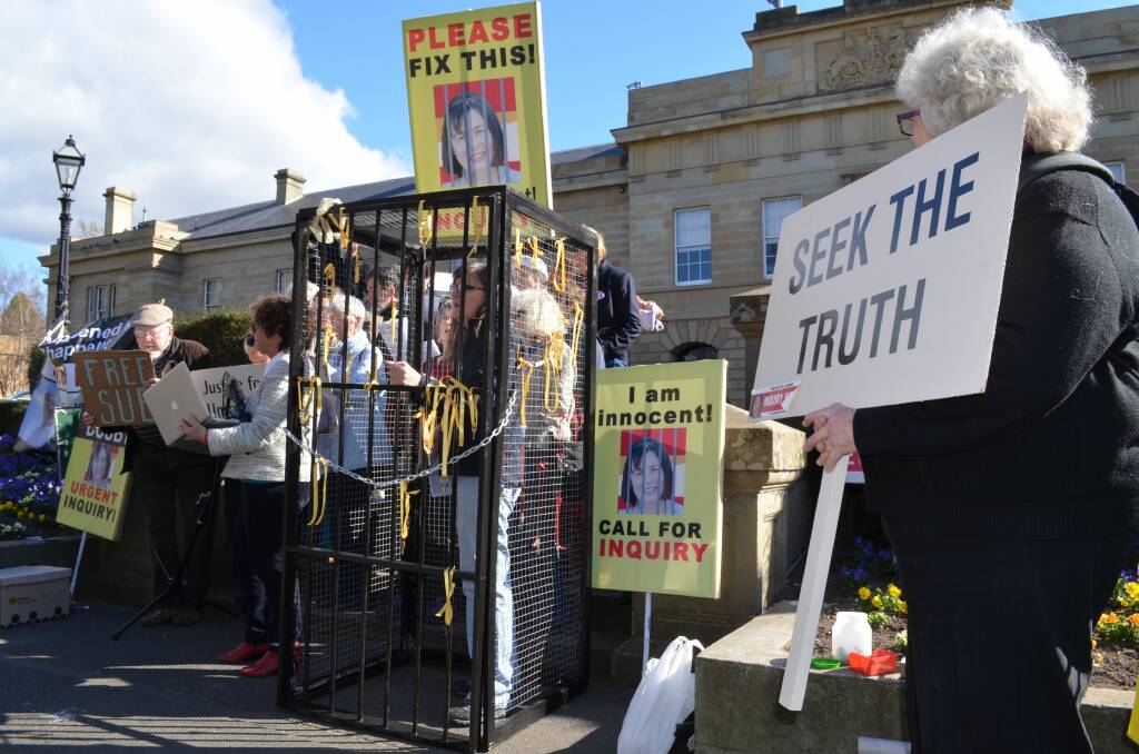 CAMPAIGN: Neill-Fraser demonstrators outside Tasmanian Parliament in 2014 calling for an inquiry into her murder conviction.