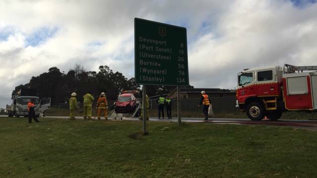 The scene of the crash near the hospital roundabout, at Latrobe. Picture: Libby Bingham