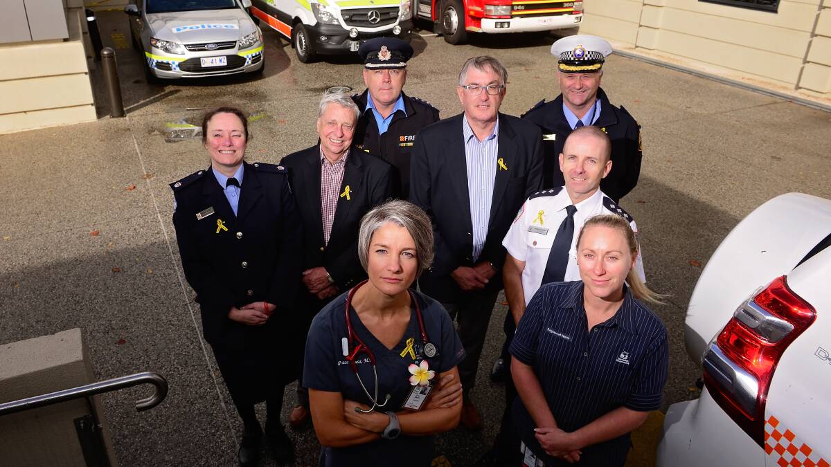 Representatives from the state's emergency services have banded together for a road safety campaign to target the "fatal five". Pictured are: Launceston General Hospital consultant Grace Sousa, Launceston General Hospital Clinical Nurse Consultant Louisa Grant, then back left to right: SES Northern Region Regional Manager Mhairi Revie, Road Safety Advisory Committee chairman Jim Cox, Tasmania Fire Service Northern Regional chief Jeff Harper, Minister for Police and Emergency Management Rene Hidding, Tasmania Police Commander Brett Smith, Ambulance Tasmania Duty Manager Alistair Shephard. Picture: Phillip Biggs