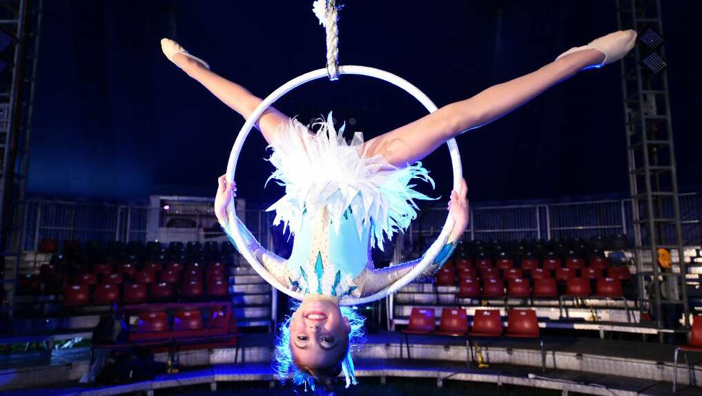 BIG STAGE: Eight-year-old Mia Carroll practices her lyra routine as she prepares to perform for huge crowds at Loritz Circus. Picture: Scott Gelston