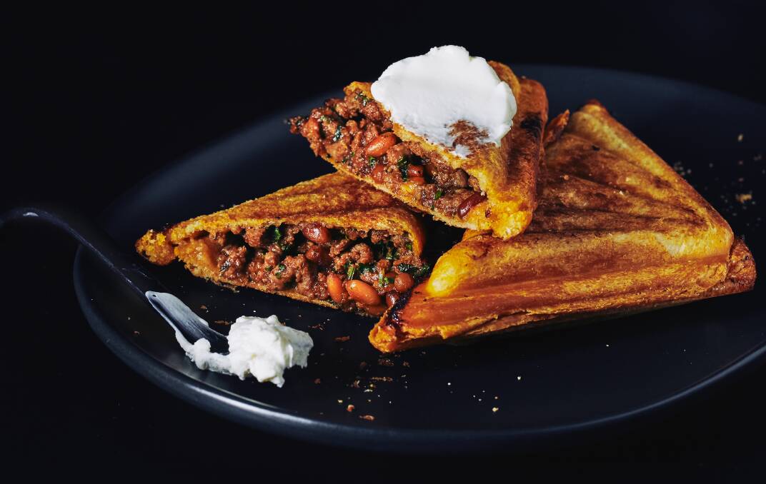 Spicy lamb mince jaffle with soft labne spread. Picture: Supplied