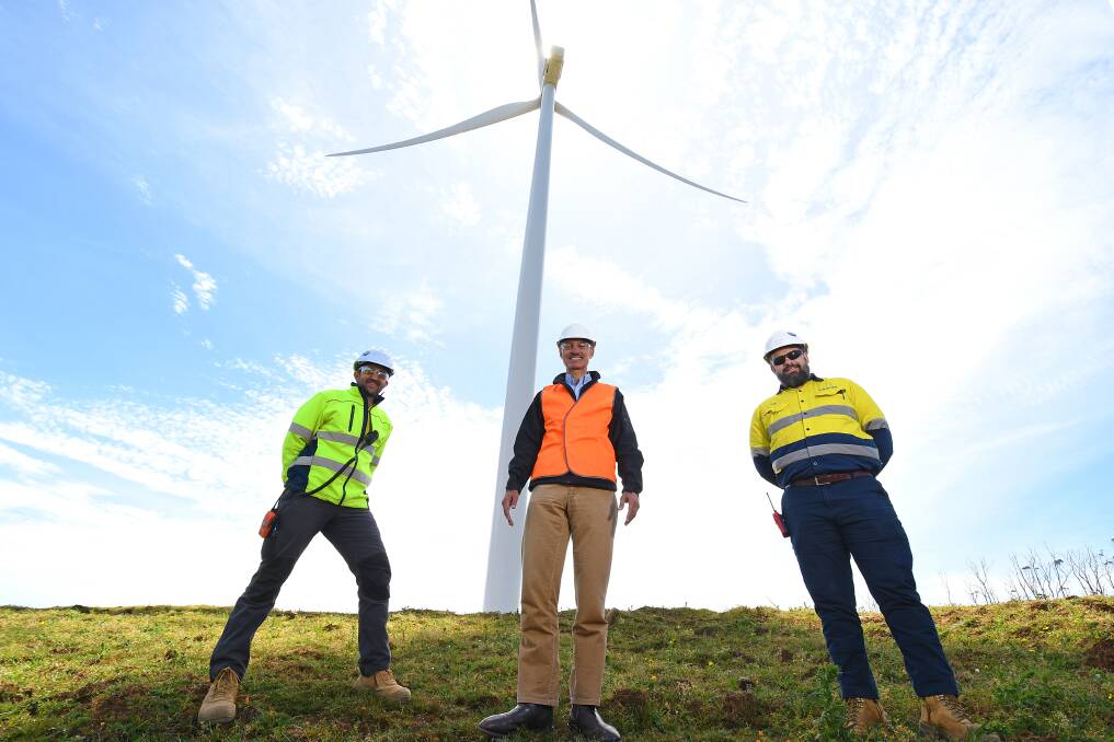 ENERGY: Project director Lyndon Frearson, energy minister Guy Barnett and project manager Andy Paton at the Granville Harbour wind farm. Pictures: Brodie Weeding