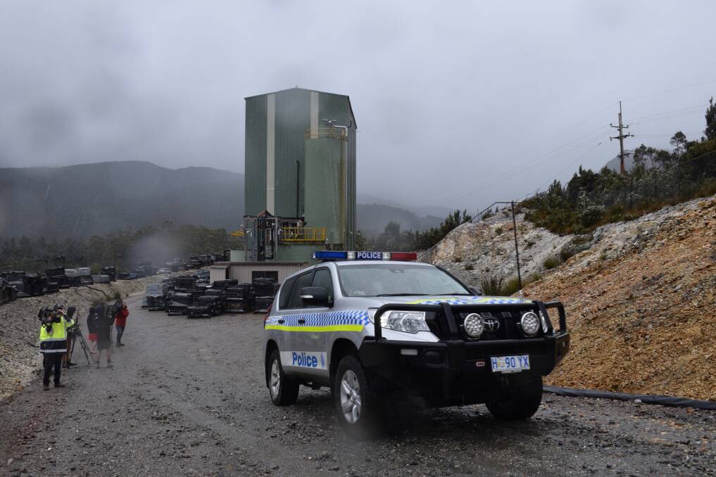 Police on the scene at the Henty mine outside Queenstown on Tasmania's West Coast. 