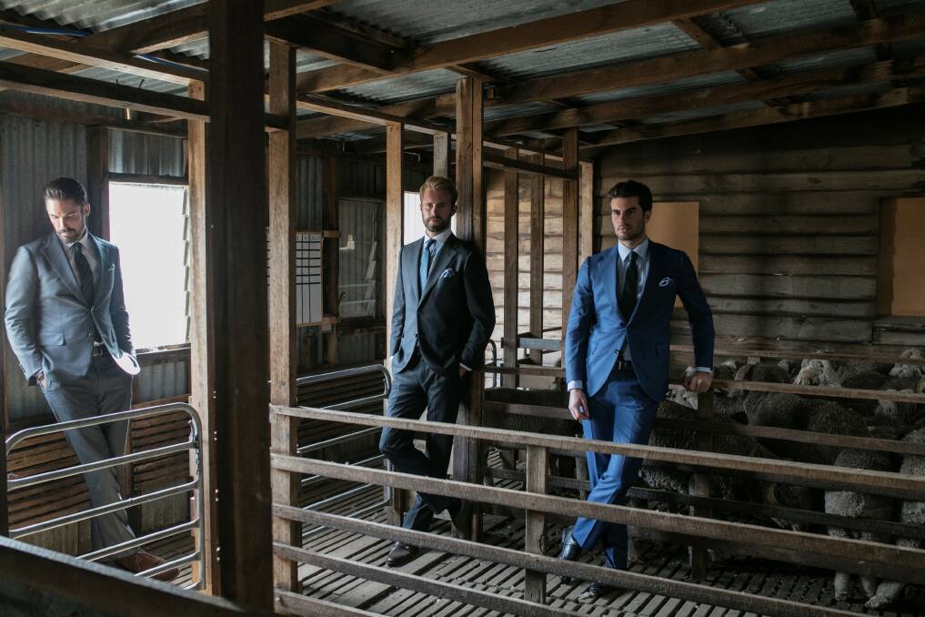 Tassie wool in fashion:  M.J. Bale models wearing single-origin, industry-first suits at "Kingston" in Northern Tasmania.  The suits sell for $1500 each.