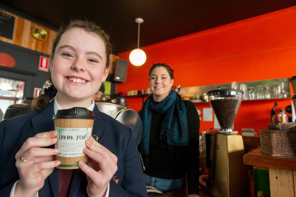 GIFT OF KINDNESS: Ruby Ball, pictured with Up York co-owner and Thanks a Latte participant Phoebe Taylor, is aiming to make a difference for those less fortunate, one hot drink at a time. Picture: Phillip Biggs