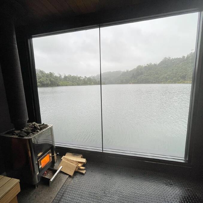 View from the inside of the Floating Sauna at Lake Derby.