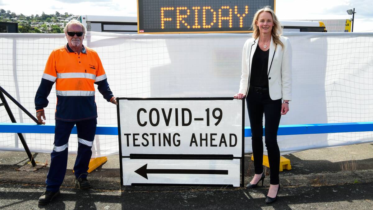 Health Minister Sarah Courtney with Frank Perri outside the Launceston COVID testing site on Wellington Street. Picture: File