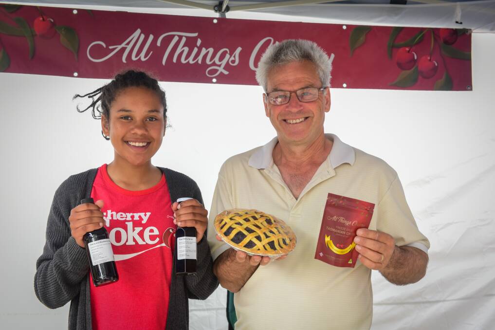 Paul Thompson and daughter Herleen with some of the products they sell at Harvest Launceston. Picture: Paul Scambler