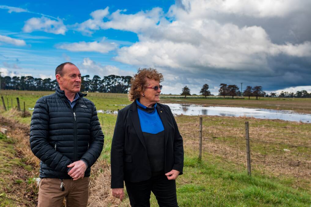 STORMWATER SOLUTION: Northern Midlands general manager Des Jennings and Mayor Mary Knowles OAM at the subdivision site. Picture: Phillip Biggs
