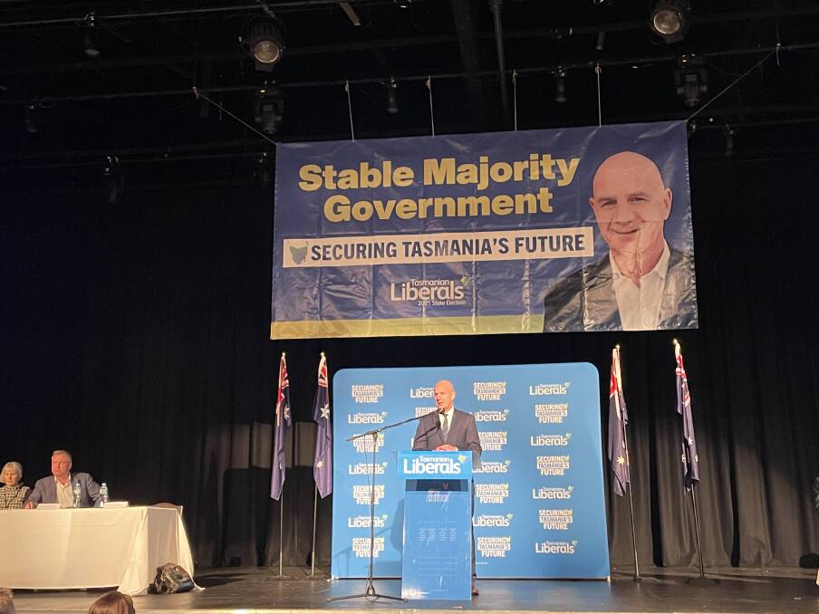 THANKFUL: Peter Gutwein provides the Premier's address at the Tasmanian Liberal party state council in Launceston. Picture: Ebony Abblitt