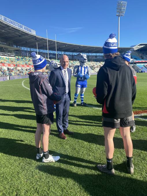 Showdown: Premier Peter Gutwein on the ground at the North Melbourne vs Gold Coast Suns game. Picture: Supplied