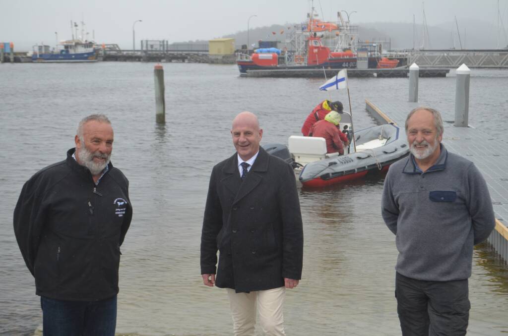 Tamar Yacht Club commodore Greg Hall, Premier Peter Gutwein and sailor Ken Gourlay at the launch event. Picture: Ebony Abblitt