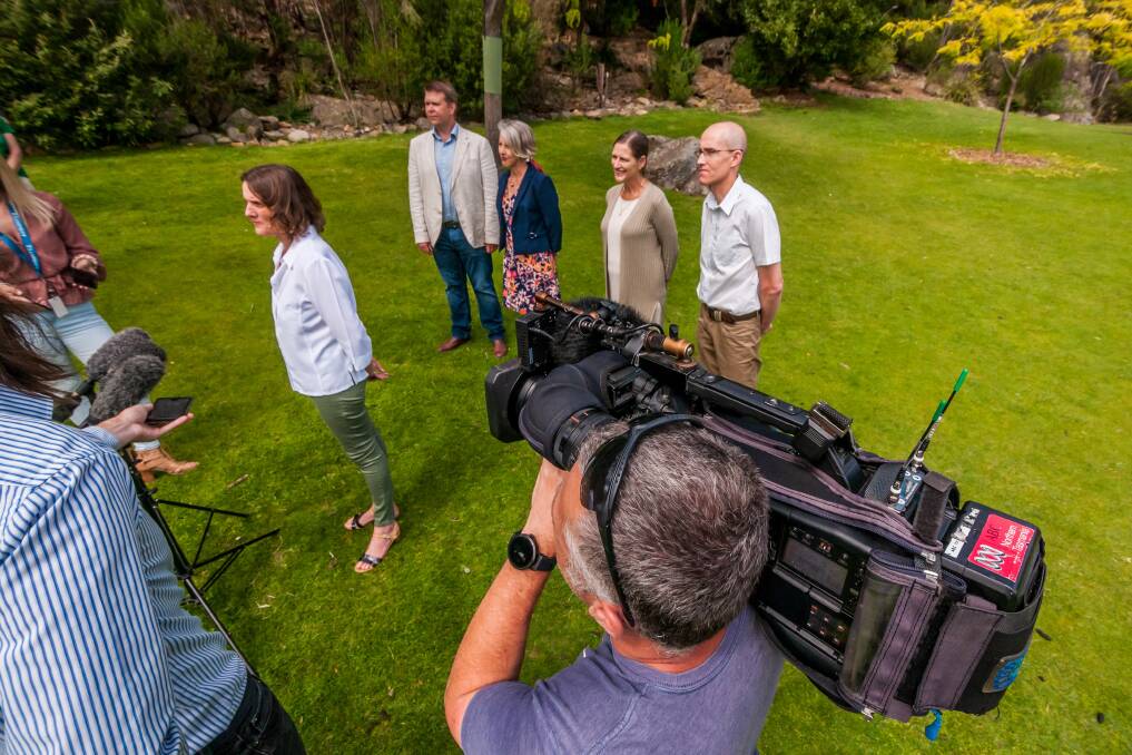 Liz Johnstone addresses the media with the Tasmanian Greens election team on Monday. Picture: Phillip Biggs