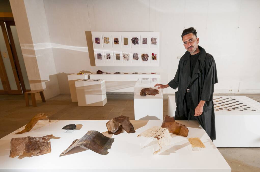Artist Alexi Freeman shows off some of his work displayed at Play at Design Tasmania