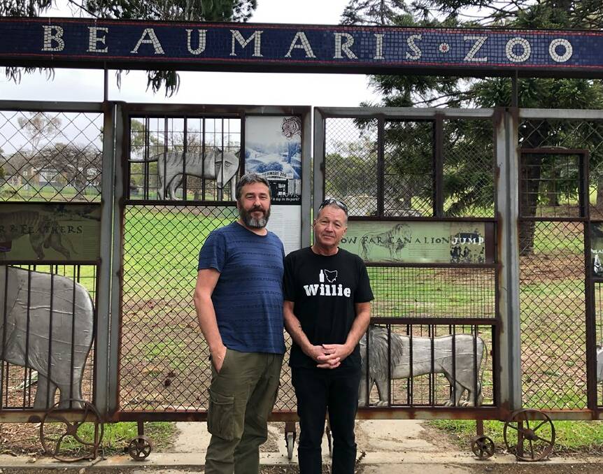 On the hunt: Researchers Mike Williams and Gareth Linnard outside the location of the last known captive thylacine. Picture: Supplied