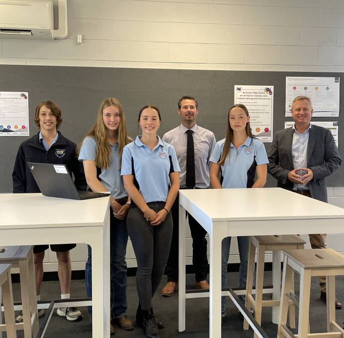 EXTENSION WIN: Exeter High Year 11 students Isaac Narracott, Amy Plapp, Sarah Young and Elise Young with principal Benjamin Frerk and Jeremy Rockliff. Picture: Ebony Abblitt