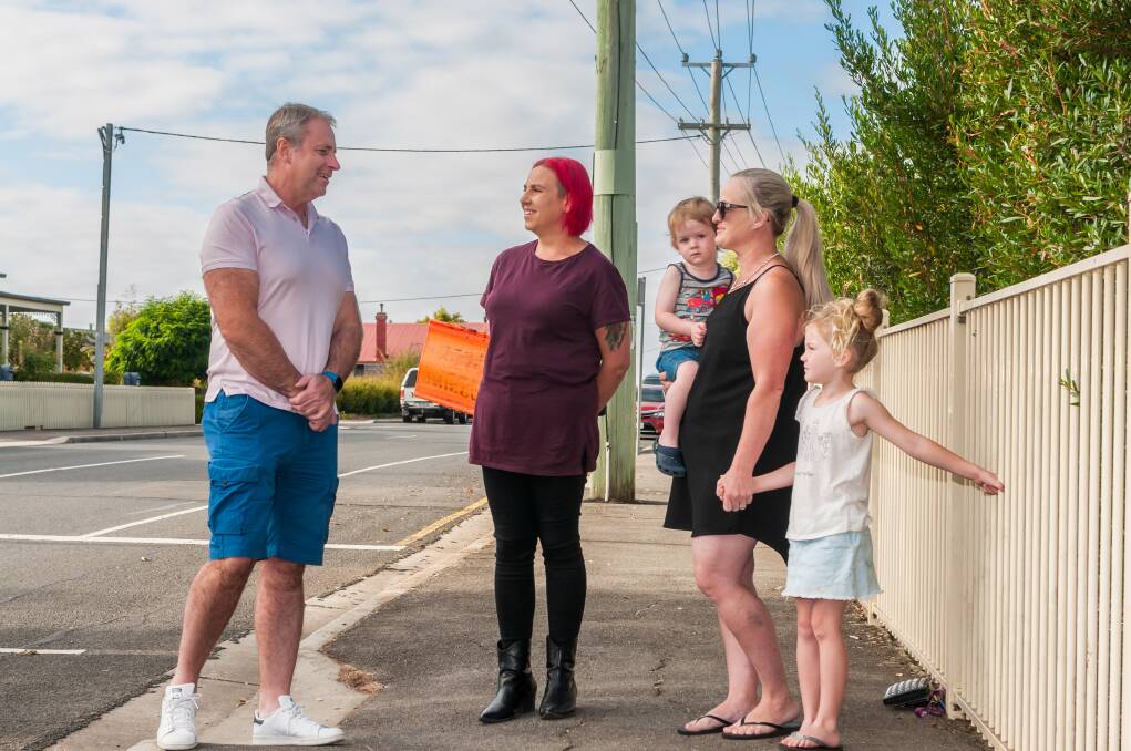 CALL TO ACTION: Launceston councillor Rob Soward speaking with Emily Towns and Katrina Burling, with Nate and Charli, about St Leonards school crossing concerns. Pictures: Phillip Biggs