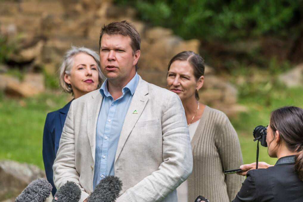 Jack Davenport addresses the media with the Tasmanian Greens election team on Monday. Picture: Phillip Biggs