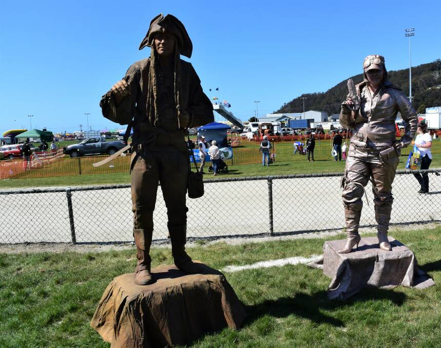 Solid as a rock: Living Statue Ben Keen with first-timer Tessa Flight performing at the Burnie Show in Wivenhoe on Saturday. Picture: Imogen Elliott 