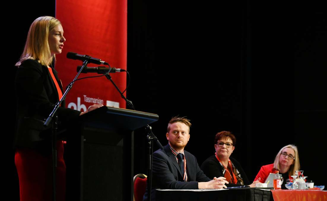Labor leader Rebecca White (far left), flanked by the party's state secretary Stuart Benson, president Anne Urquhart and deputy Labor leader Michelle O'Byrne.