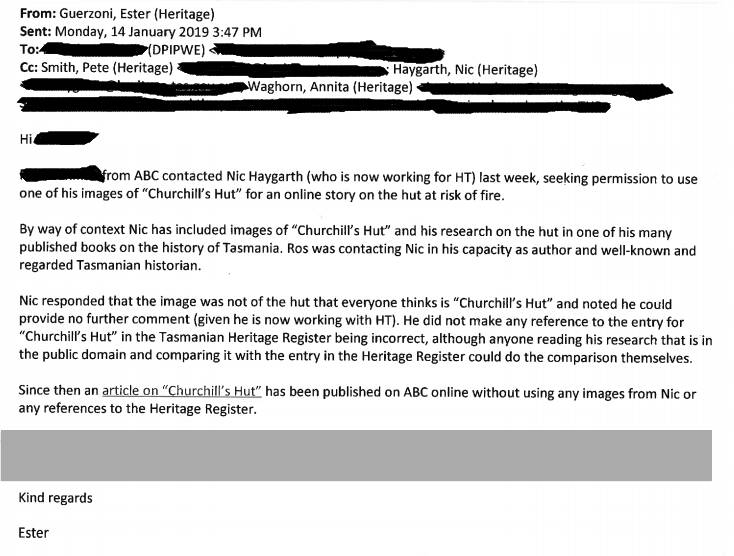 Ester Guerzoni's email to DPIPWE and Heritage Tasmania staff on January 14