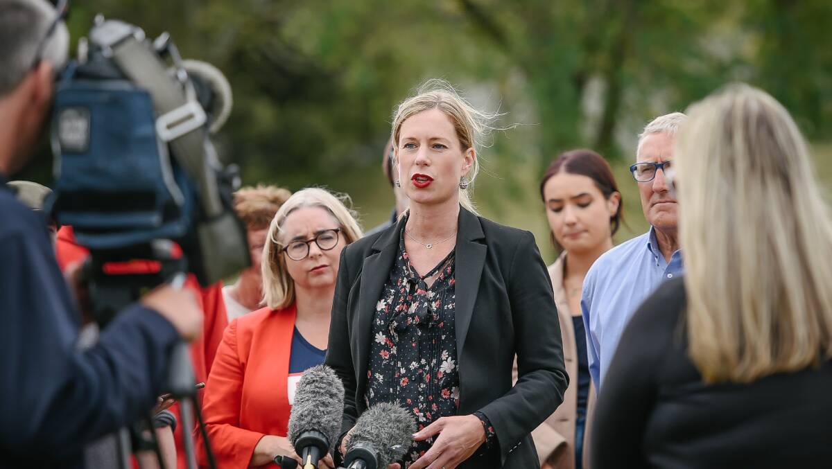 Labor leader Rebecca White addresses the media following the Premier's announcement that the state election would be held on May 1. Picture: Craig George