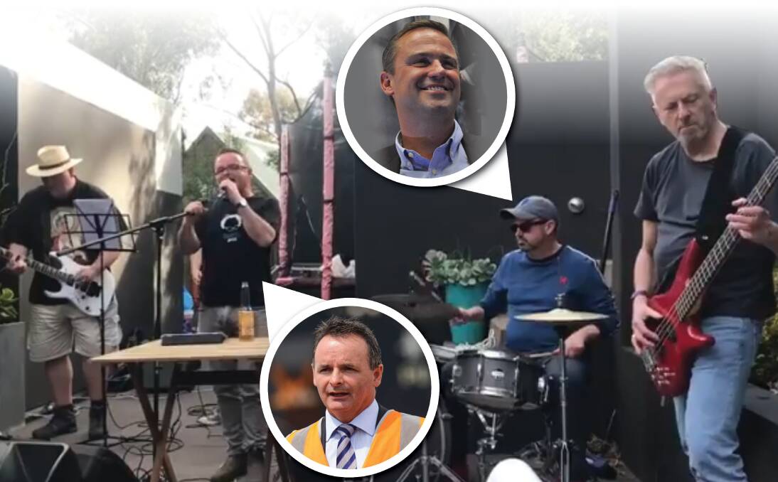 ORDER, ORDER: Labor frontbencher David O'Byrne (second left) and ex-premier David Bartlett (second right) have formed a rock band. Guitarist Brad Wheeler is pictured on the far left, bassist Rolfe Brimfield on the far right.
