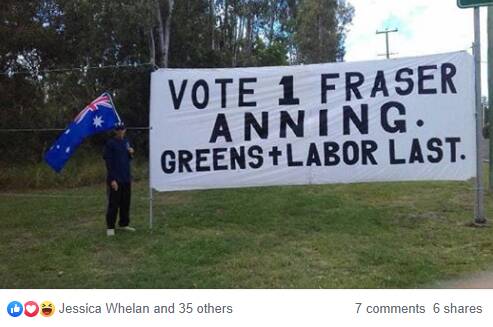 Jessica Whelan, an independent candidate for Lyons, has liked a Facebook picture advocating for far-right Queensland Senator Fraser Anning's re-election. Picture: Facebook