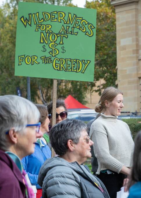 Opponents of the proposed Lake Malbena development gather outside Parliament House on Saturday. Picture: Dan Broun